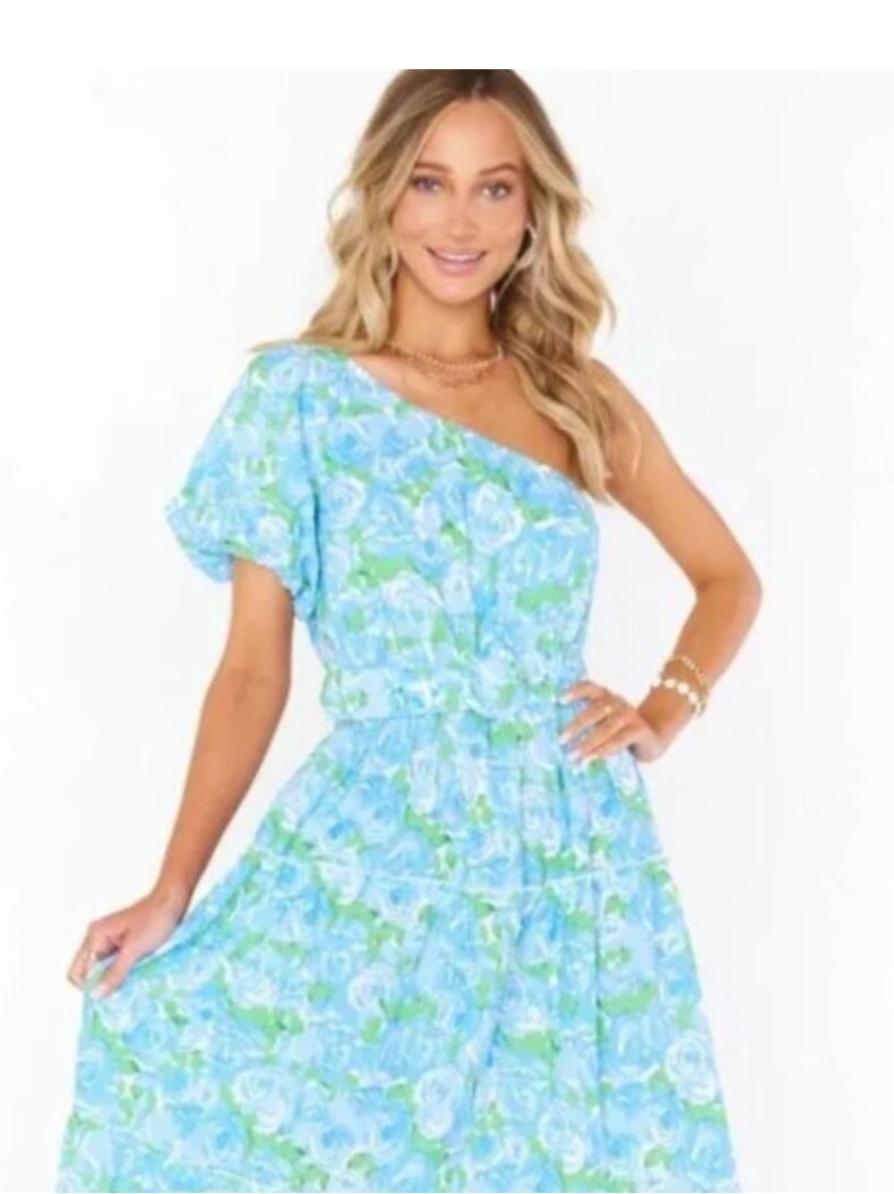 Show Me Your MuMu One-Shoulder Floral Dress in Light Blue and Green